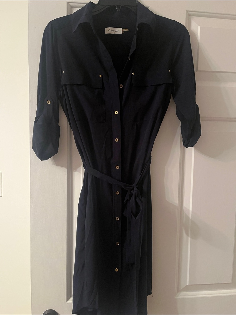 EUC size S (tag missing!) Calvin Klein Navy Shirt Dress with Tie Waist